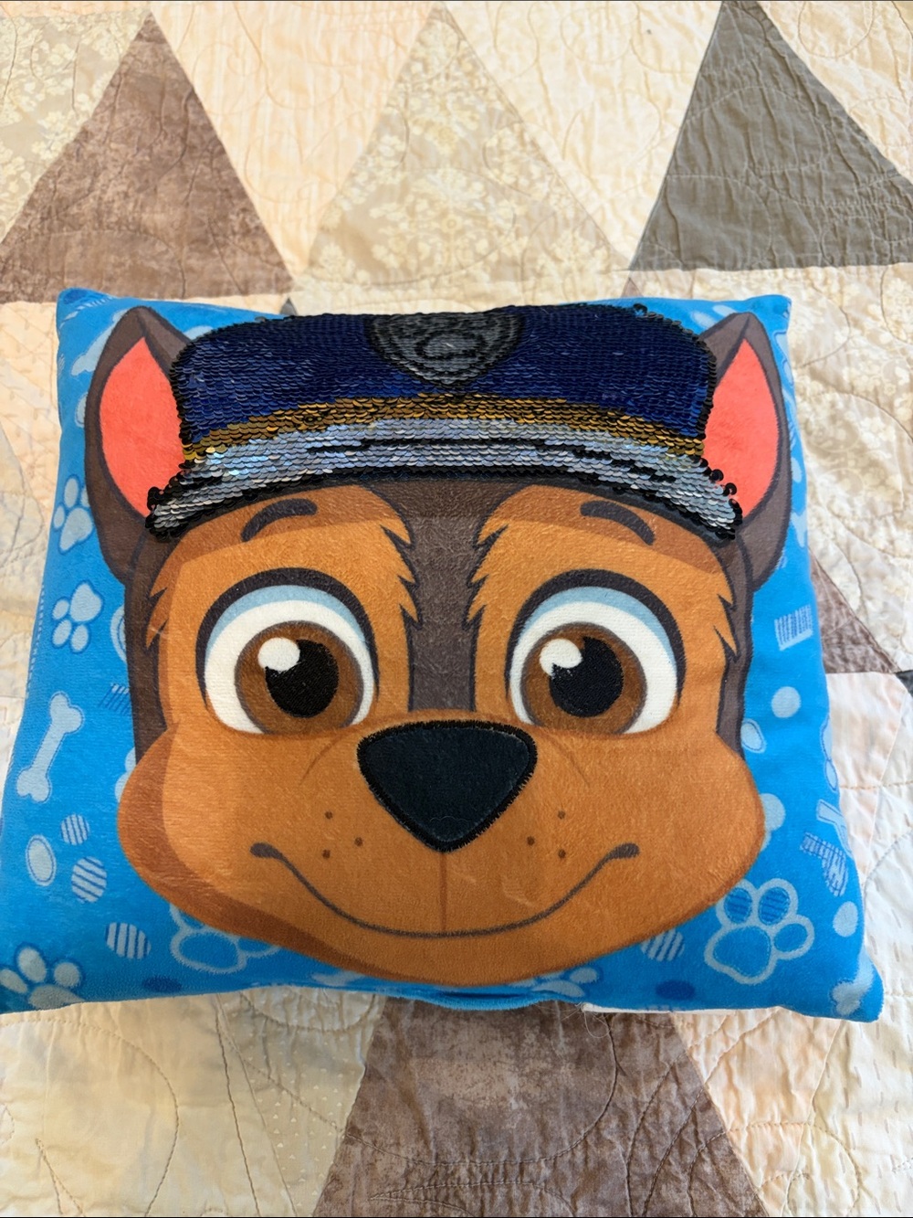 Paw Patrol Chase Sequin Flip Pillow - Blue and Brown
